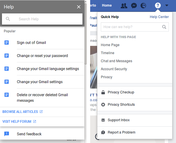 Gmail and Facebook help systems
